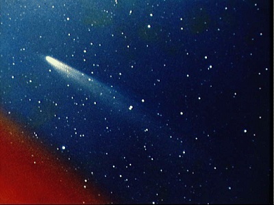 Comets are <a href="/comets/comet_nucleus.html&edu=high">lumps</a> of ice
and dust that periodically come into the center of the solar system from
its <a href="/comets/Oort_cloud.html&edu=high">outer
reaches</a>.
Some comets make <a href="/comets/perihelion_pass.html&edu=high">repeated
trips</a> to the inner
solar system. When comets get close enough to the Sun, heat
makes them start to <a href="/comets/sublimation.html&edu=high">evaporate</a>.
Jets of gas and dust form long
<a href="/comets/tail.html&edu=high">tails</a> that we can see from
Earth. 
This photograph shows <a href="/comets/comets_table.html&edu=high">Comet
Kohoutek</a>,
which visited the inner solar system in 1973.  It has an
<a href="/physical_science/physics/mechanics/orbit/orbit_shape_interactive.html&edu=high">orbit</a> of
about 75,000 years!<p><small><em>Image courtesy of NASA</em></small></p>