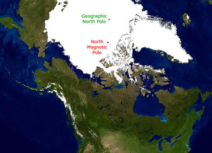 Did you know that the Earth's <a
  href="/earth/polar/polar_geog.html&dev=">geographic
  North pole</a> is not in the same place as the Earth's <a
  href="/earth/Magnetosphere/earth_north_magnetic_pole.html&dev=">North
  magnetic pole</a>? They are actually several hundred kilometers apart,
  making navigation with a compass impossible near the poles. This picture
  illustrates where they were in 2005. Right at the geographic poles, the <a
  href="/sun/sun.html&dev=">Sun</a> shines for half
  the year and it is dark for the other half of the year. This makes a year
  like one long day.<p><small><em>Image courtesy of Windows to the Universe</em></small></p>