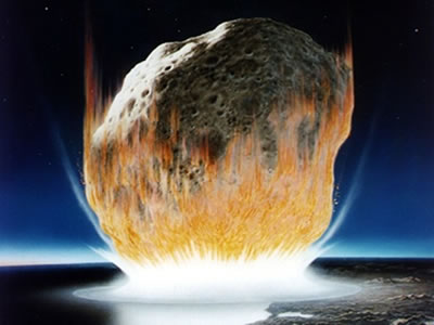 An artist's rendering of the moment of impact of a massive <a
  href="/our_solar_system/meteors/meteors.html">meteorite</a>
  at the end of the Cretaceous (at the end of the <a
  href="/earth/geology/hist_mesozoic.html">Mesozoic
  Era</a>). Many
  scientists have concluded for decades that a meteorite four to six kilometers
  in diameter impacted the Earth at this time, resulting in a <a
  href="/earth/past/KTextinction.html">mass extinction
  of dinosaurs</a> and many other life forms. Recent research suggests that
 perhaps <a
  href="/headline_universe/olpa/chicxulub.html">massive
  volcanic eruptions</a> may be been responsible for the extinction.<p><small><em>Courtesy of Don Davis, NASA</em></small></p>