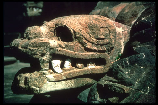 Side view of an ancient Aztec carving depicting Quetzalcoatl, the Plumed
Serpent. The carving is from the Quetzalcoatl Temple at Teotihuacan, Mexico.<p><small><em>   Image courtesy of Corel Corporation.</em></small></p>