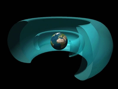 This is an artist's conception of the
  Earth and the inner and outer <a
  href="/glossary/radiation_belts.html&edu=elem">radiation belts</a> that surround it. The Earth's radiation belts are just one part of
  the system called the <a
  href="/earth/Magnetosphere/overview.html&edu=elem">magnetosphere</a>. The radiation belts of the Earth are made up of <a
  href="/physical_science/physics/atom_particle/electron.html&edu=elem">electrons</a>,
<a
  href="/physical_science/physics/atom_particle/proton.html&edu=elem">protons</a>
  and heavier atomic ions. These particles get trapped in the <a
  href="/earth/Magnetosphere/earth_magnetic_field.html&edu=elem">magnetic field of the Earth</a>. 
These belts were <a
  href="/earth/Magnetosphere/radiation_belts_discovery.html&edu=elem">discovered</a> by James Van Allen in 1958, and so they are known as Van Allen
  Belts.<p><small><em>Courtesy of Windows to the Universe</em></small></p>